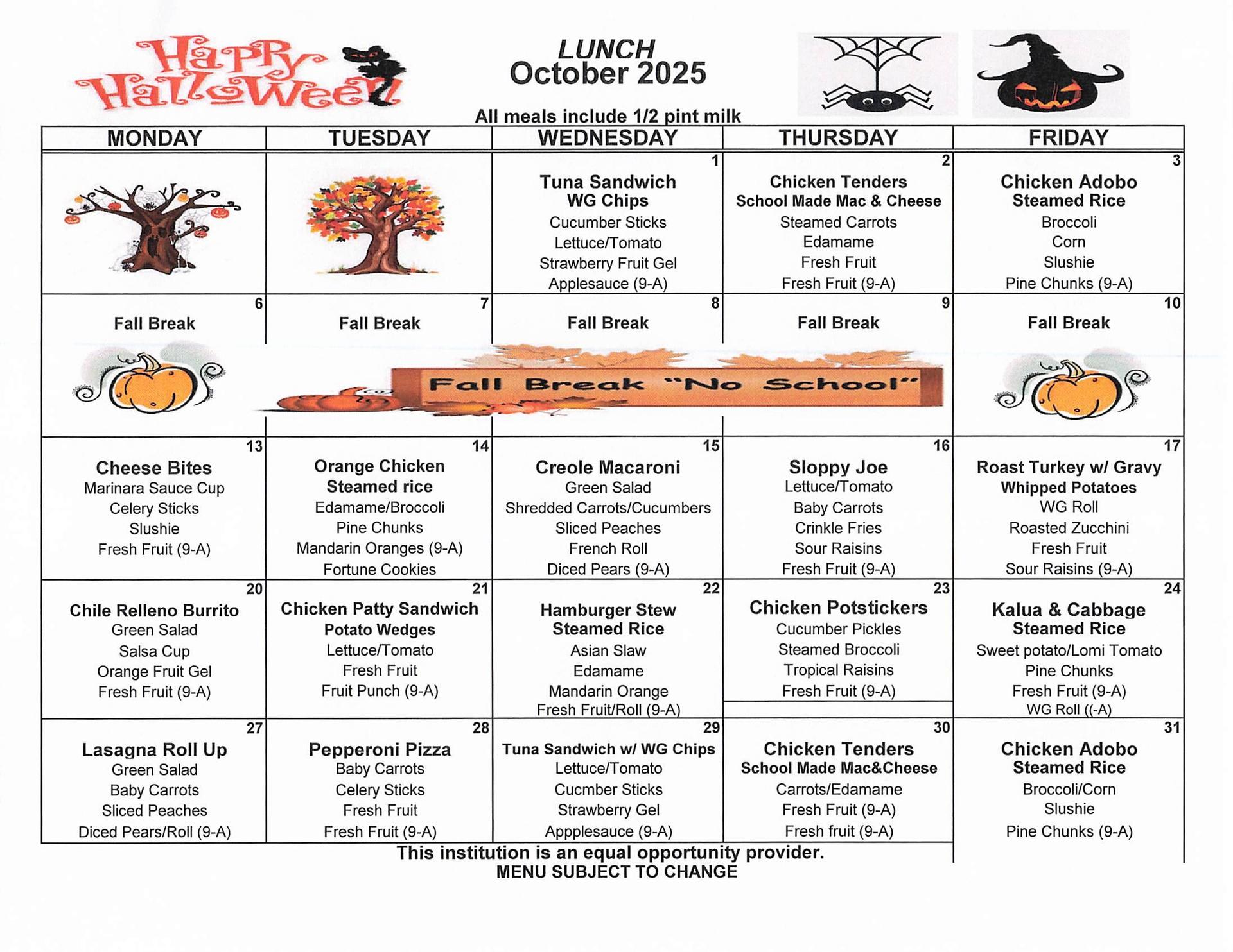 October Lunch Menu