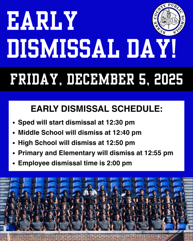 Early Dismissal graphic with photo of football team