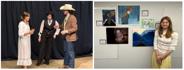 Students on stage wear western wear; a student stands next to paintings of blues, greens and purples