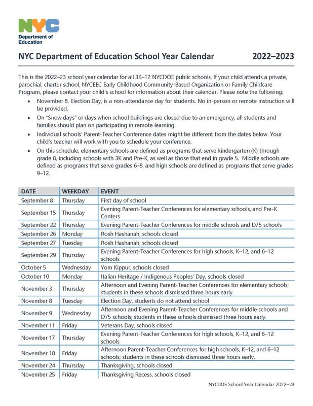 2022-2023 DOE School Calendar | Tottenville High School