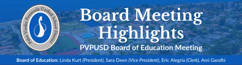 Blue and white text banner of Board Meeting Highlights