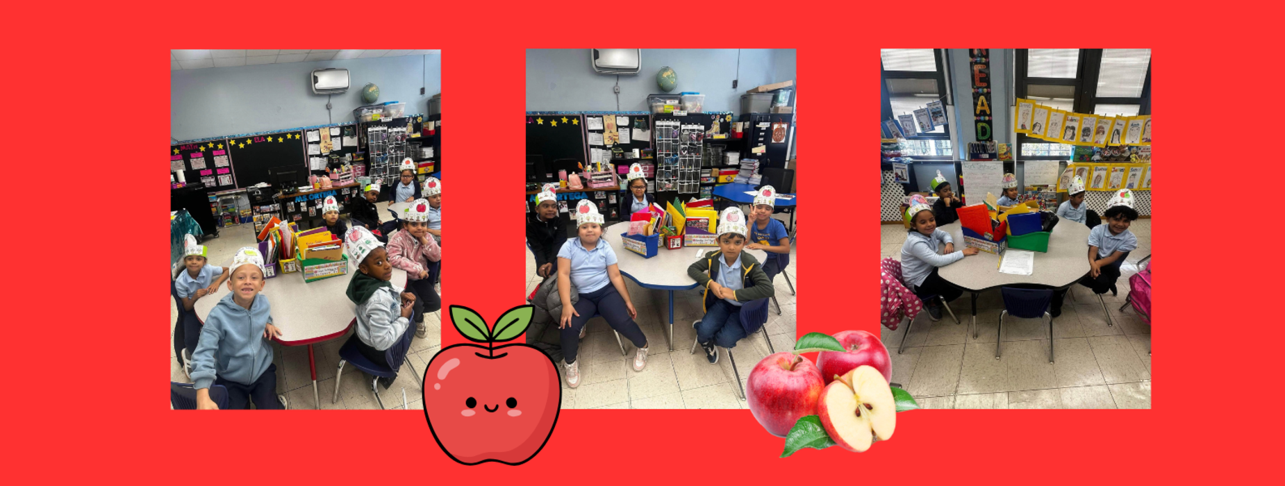Students in a classroom wearing paper hats, smiling around tables with colorful supplies.