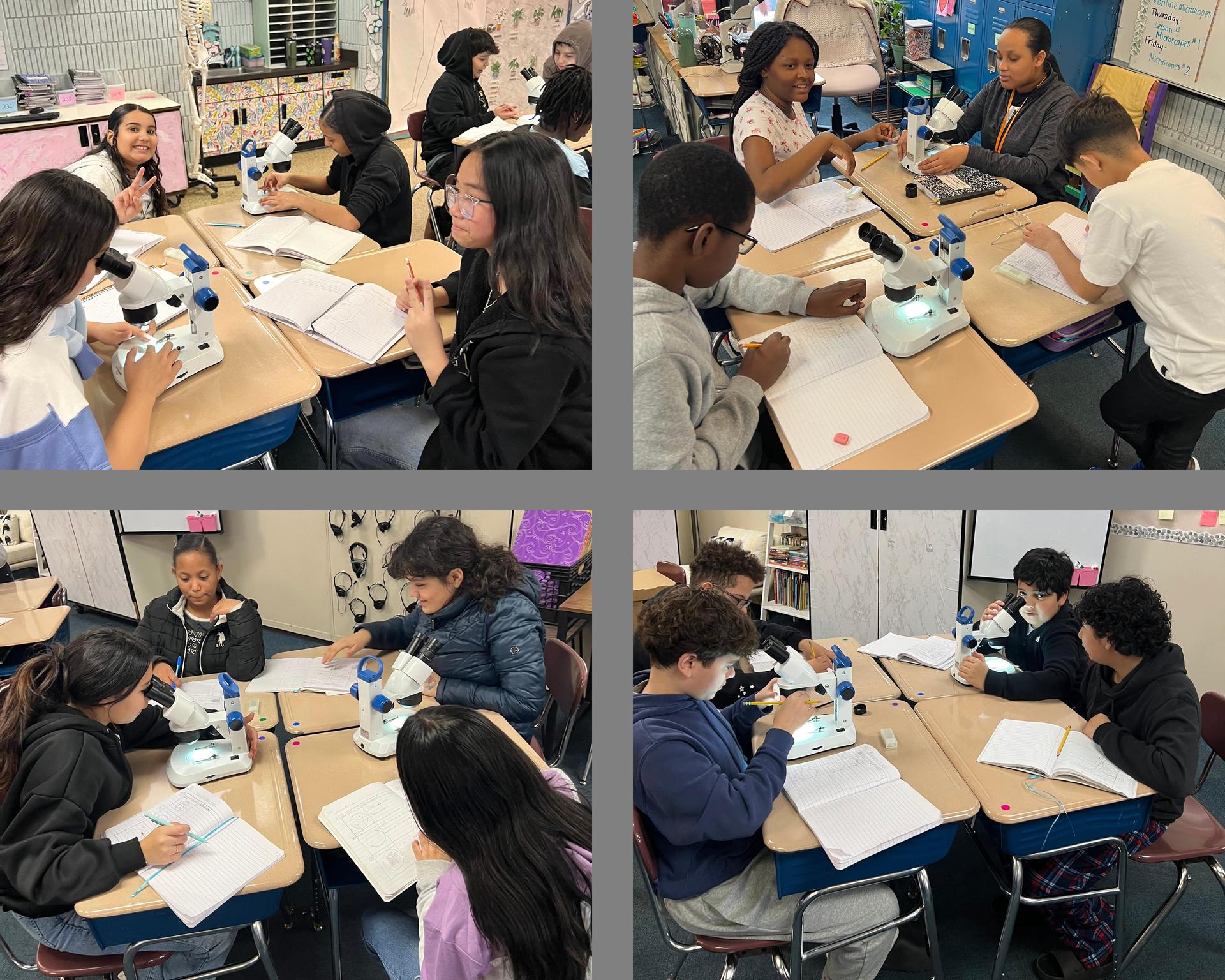 Students using microscopes for science experiments in a classroom.