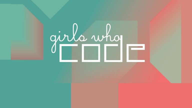 Stylized text 'girls who code' on a colorful background.