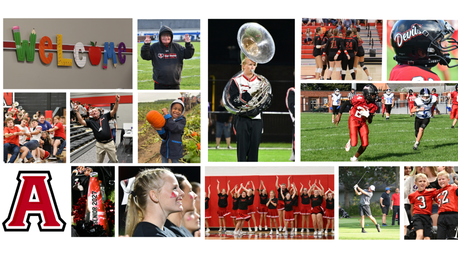 Collage of school spirit activities and events with students, sports, and colorful signs.