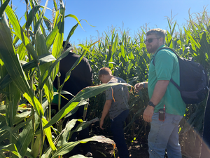 teacher following students as they walk through a corn field maze