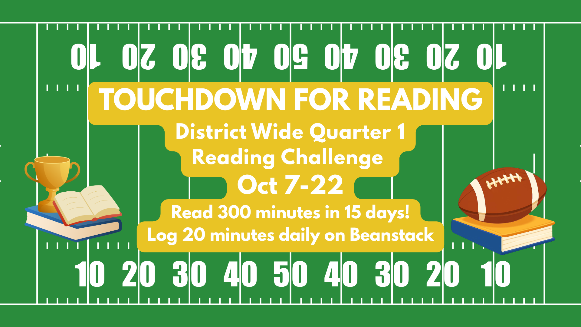 A football-themed reading challenge poster with text and graphics on a field background.