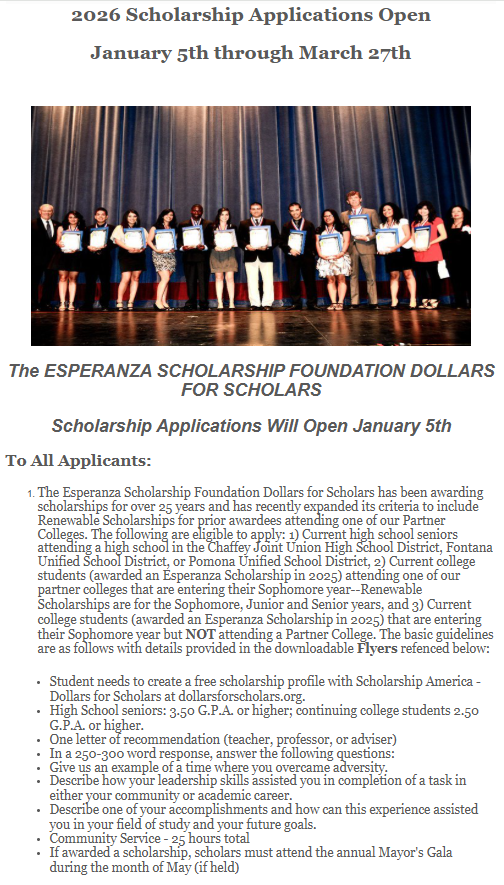 Screenshot of website for Esperanza Dollars for Scholars scholarship application. The screenshot includes title of scholarship and a basic list of scholarship requirements.