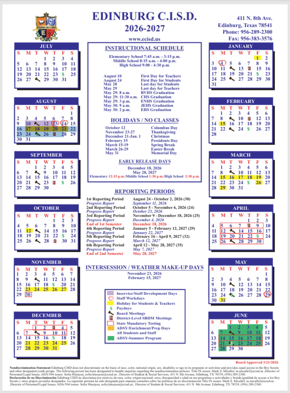 2026 - 2027 ECISD Calendar