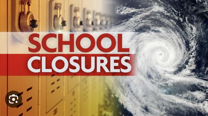Text overlay of 'School Closures' beside a swirling hurricane and school lockers.