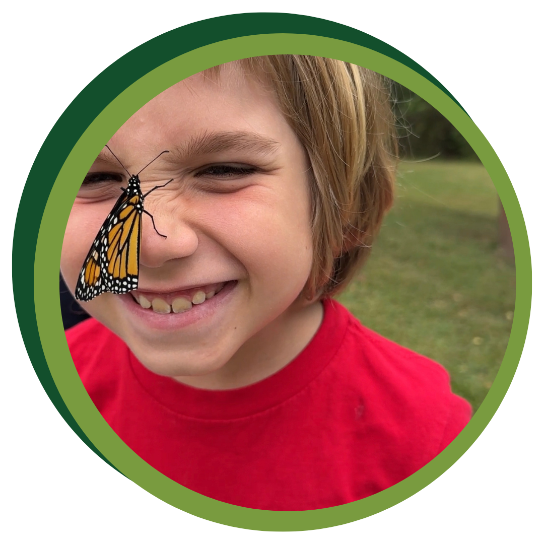 Lower Elementary student with a butterfly on his nose