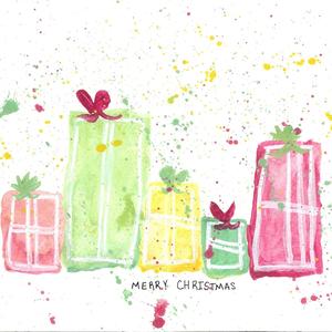 Colorful watercolor presents with a "Merry Christmas" greeting.