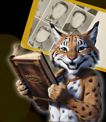 A bobcat holding a yearbook.