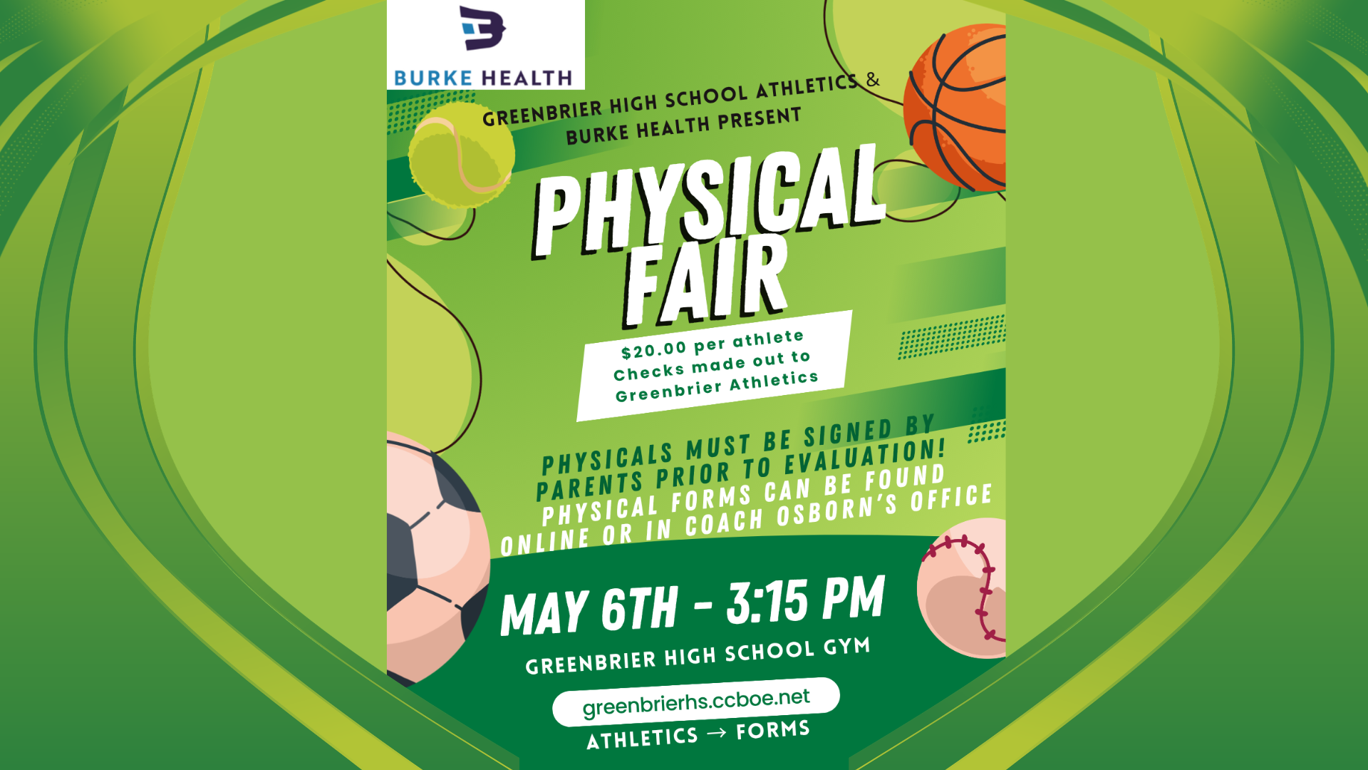 Event flyer for a physical fair at Greenbrier High School, featuring sports icons and details.