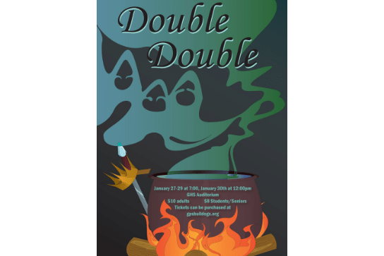Double Double poster with a fiery cauldron and three witches in a ghoulish green color floating above