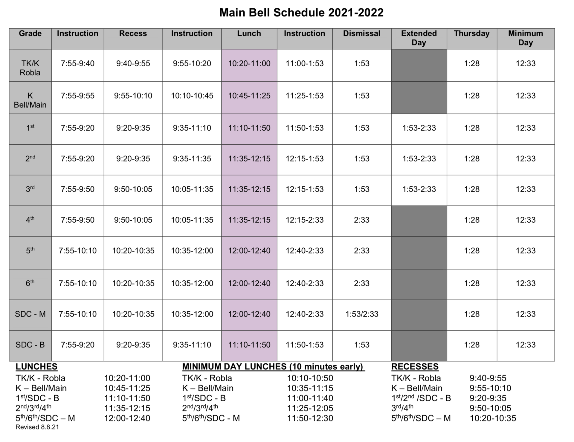 Bell Schedules Bell Schedules Main Avenue Elementary School