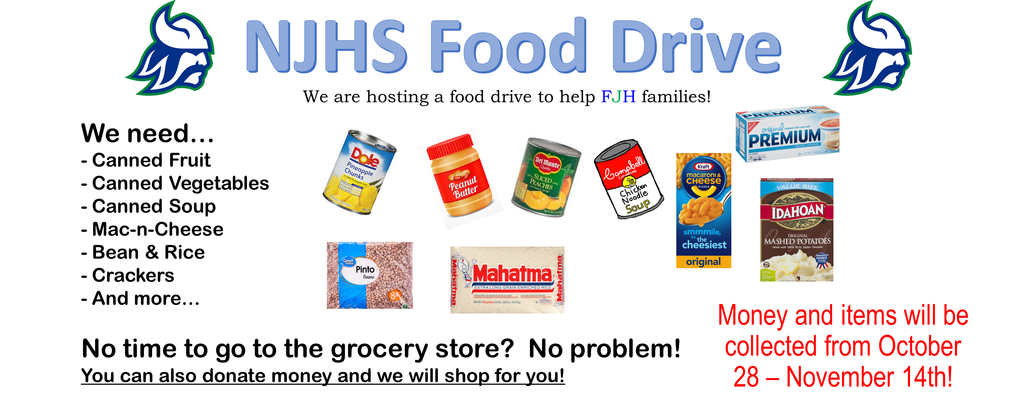 NJHS Food Drive poster with food items and donation details.