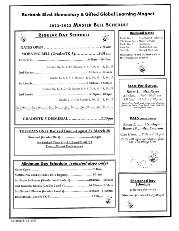 Bell Schedule Our School Burbank Boulevard Elementary