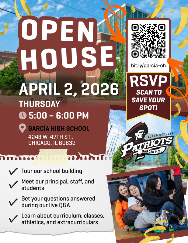 Open house flyer with images of students and school building