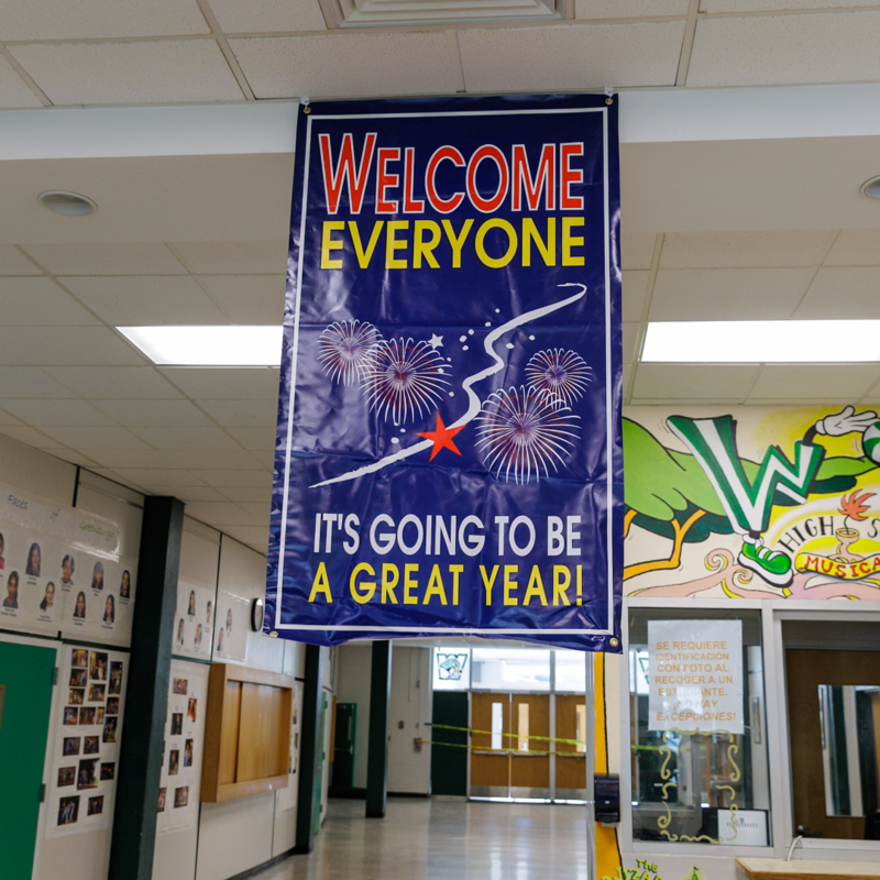 Welcome banner in hallway