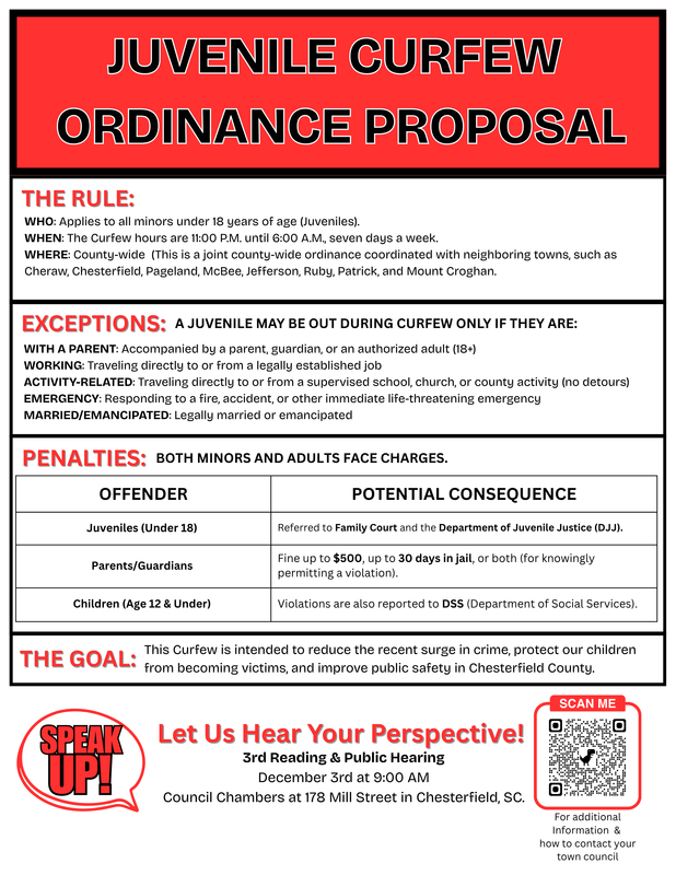 The County and our neighboring towns are jointly considering a new Juvenile Curfew Ordinance to enhance the safety and well-being of our community's youth.