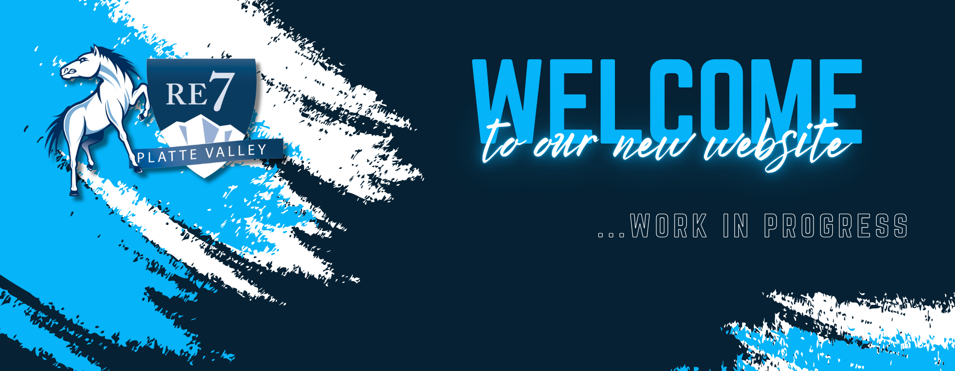 Welcome banner for Platte Valley RE-7 website with a horse logo and text.