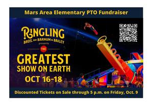Fundraiser poster for Ringling Bros. featuring colorful circus elements and QR code.