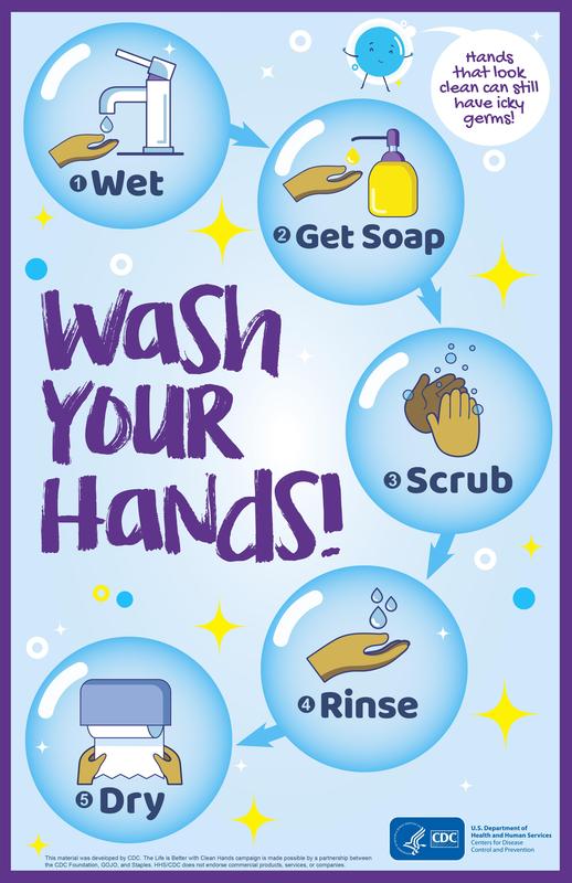 wet, get soap, scrub, rinse, dry - Wash your hands!