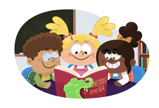 cartoon characters reading
