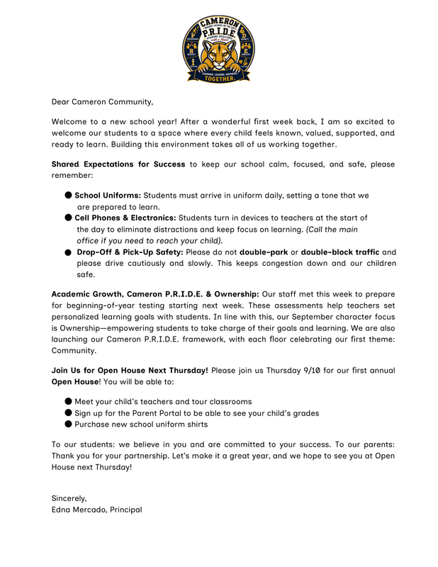 September Cameron Community Letter