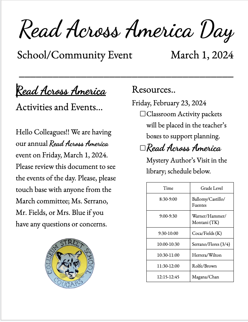 January/February 2024 This months Activities/Events Coliseum Street