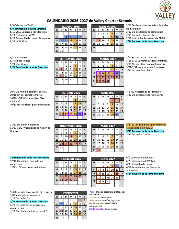 valley charter school instructional calendar 2026-27 in spanish