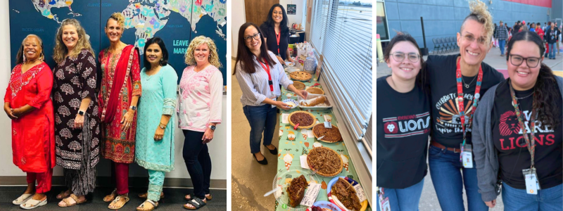 Teachers wear saris for Diwali, Staff enjoy a pie bar, and staff stand outside the building, smiling