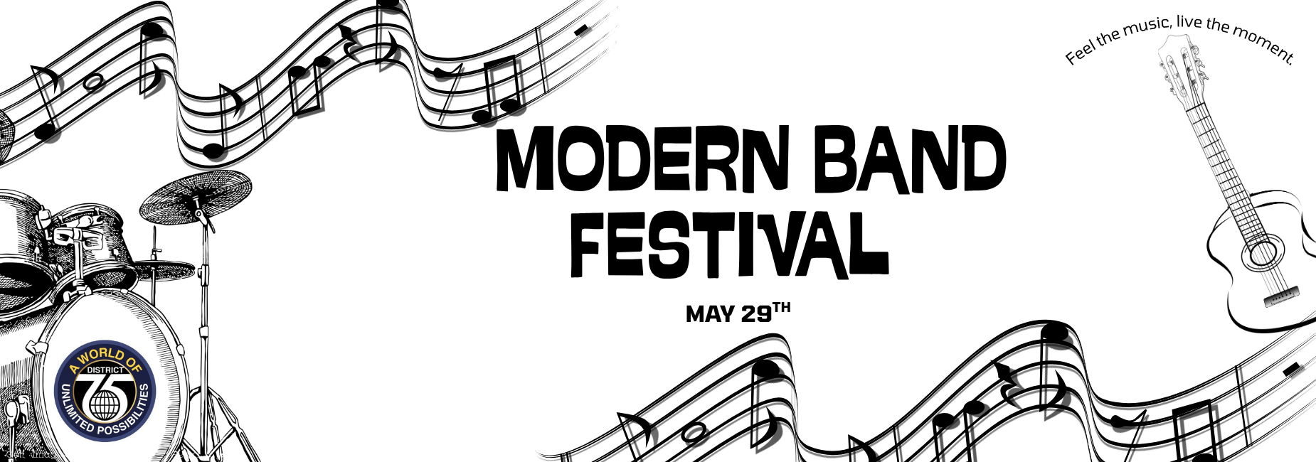 Event banner for the Modern Band Festival with musical notes and instruments.