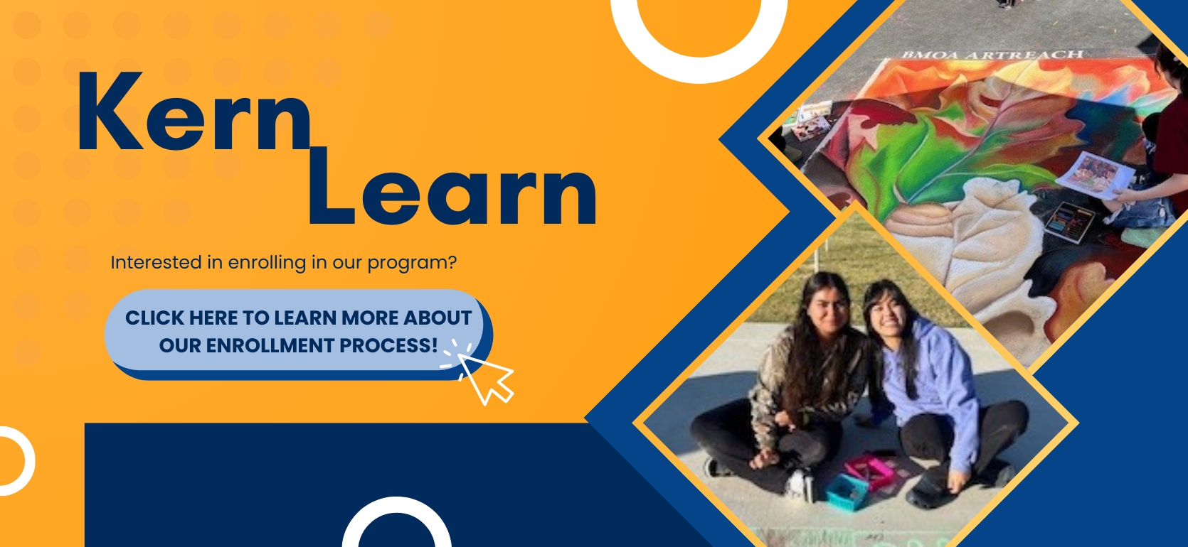 Kern Learn program promotion with colorful background, text, and collage of students.