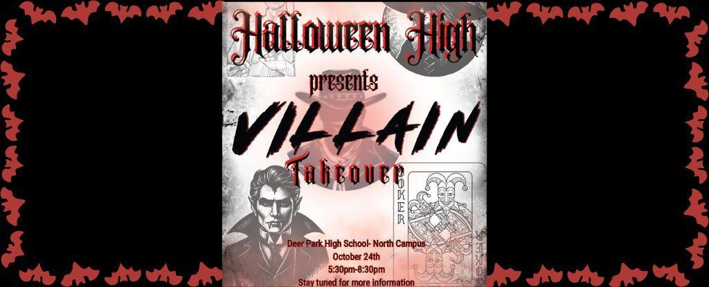 Halloween High Villain Takeover event poster featuring bats and a villain graphic.