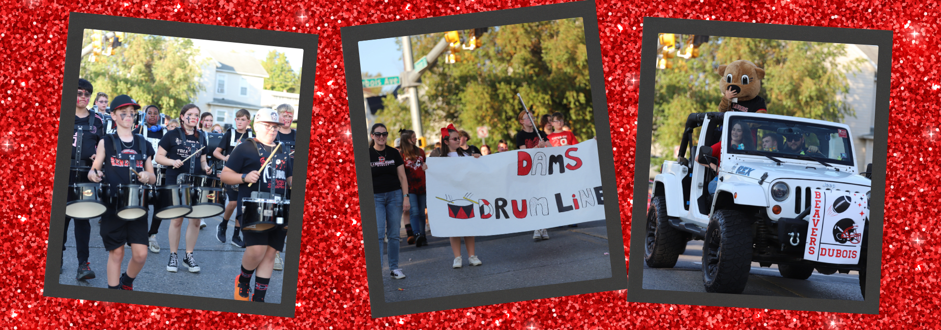 Marching band and parade participants showcasing school spirit.