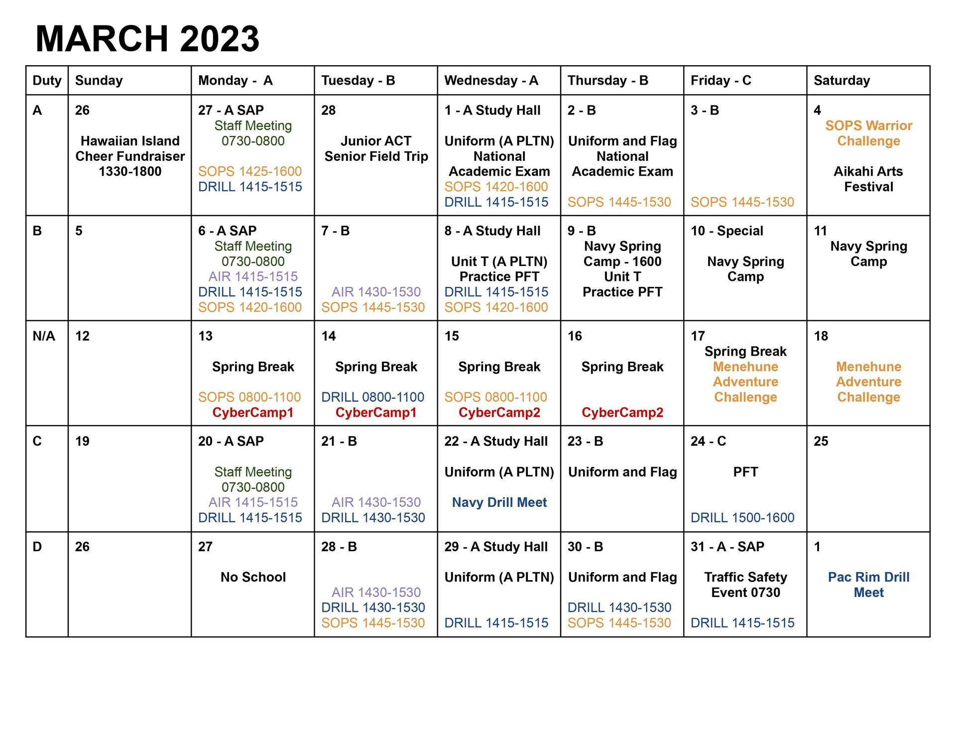 Calendars NJROTC Kalaheo High School