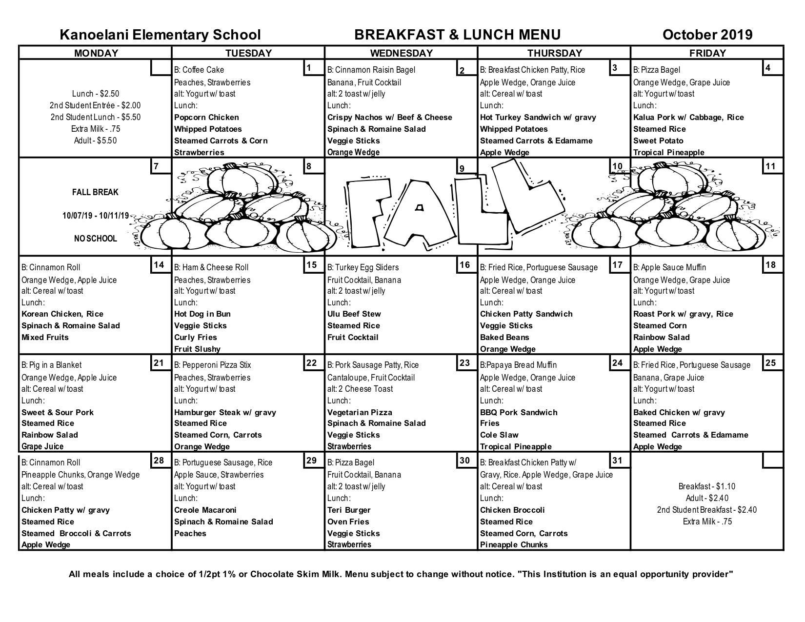 Menu Menu Kanoelani Elementary School