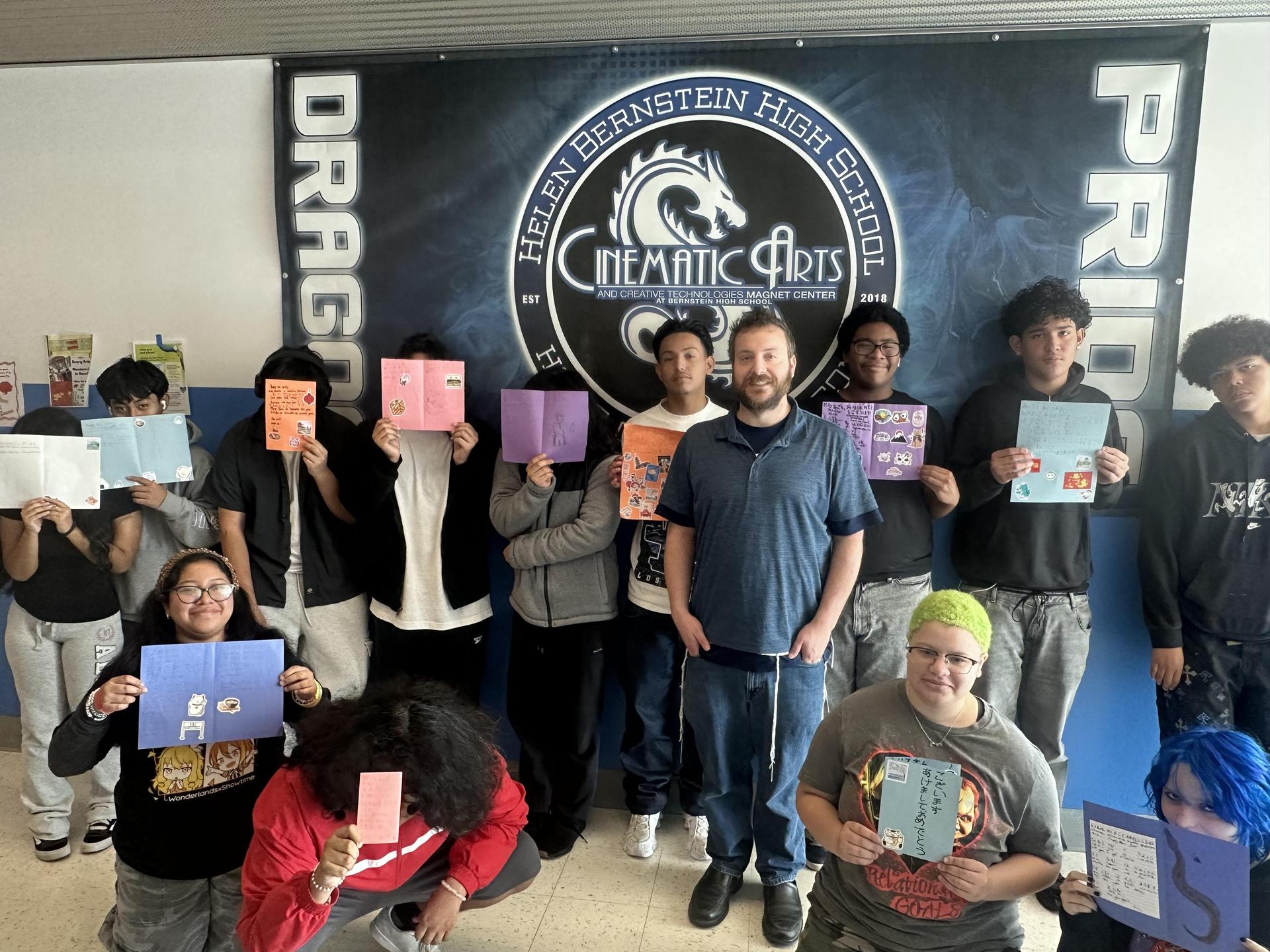 Japanese Class with their New Year’s Cards they wrote in Japanese
