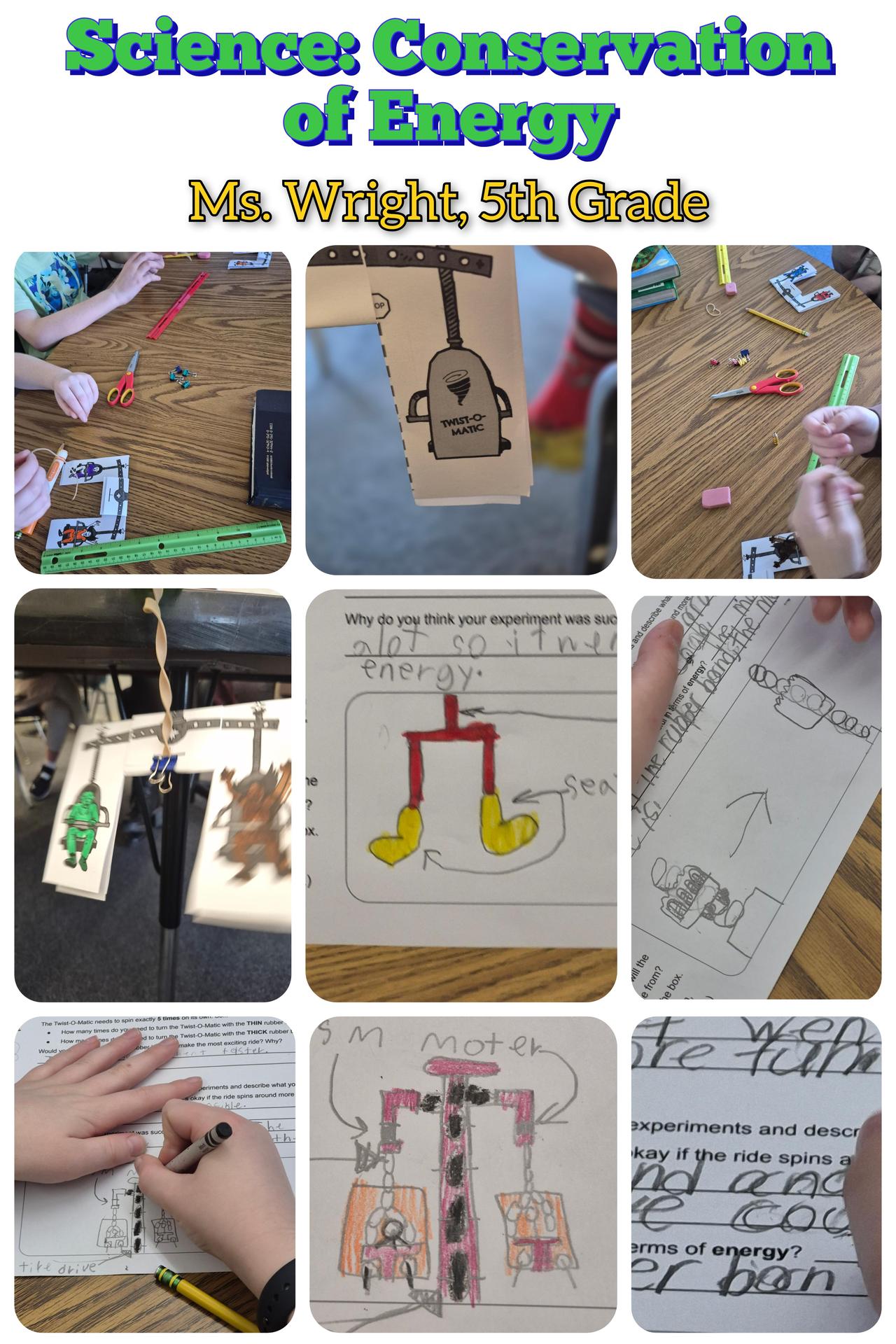 Collage of Ms. Wright's 5th grade conducting a science experiment in Conservation of Motion