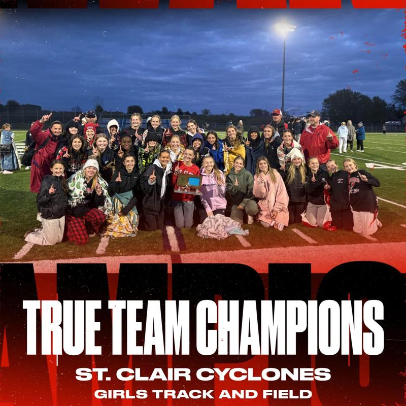 Group of girls celebrating as St. Clair Cyclones True Team Champions in track and field.