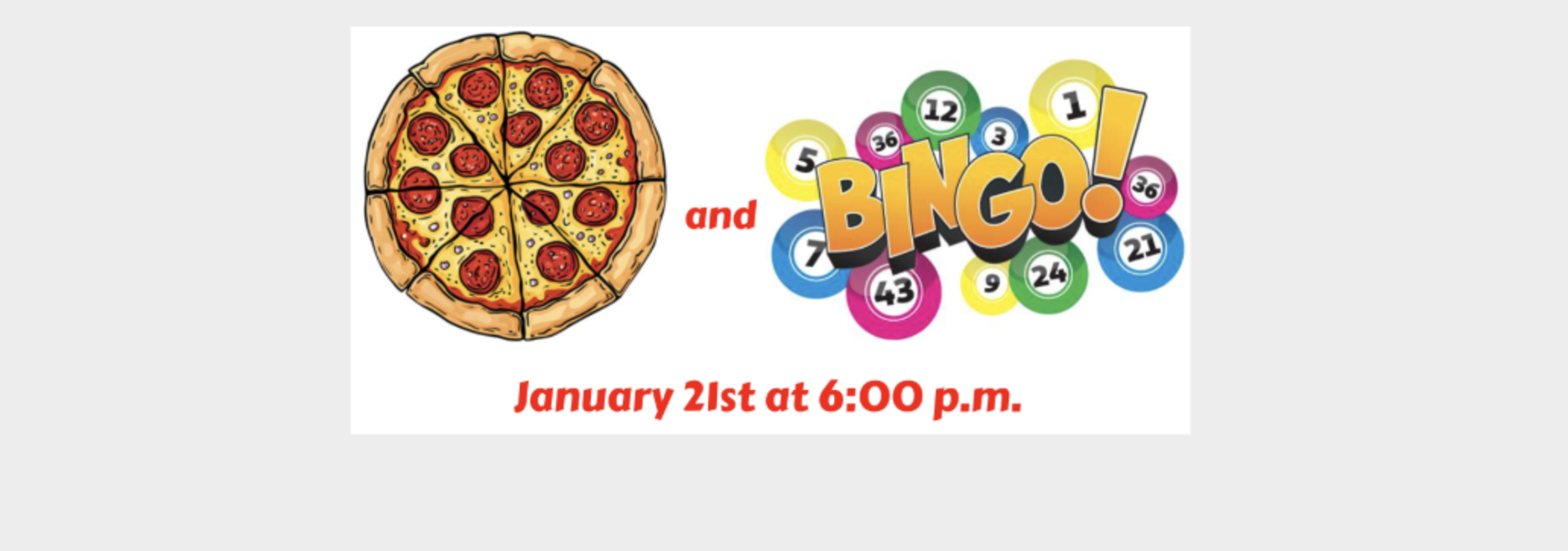 A colorful flyer featuring a pepperoni pizza and a bingo game announcement.