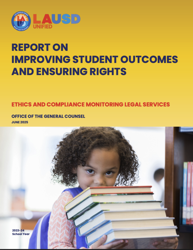 Cover of Report on Improving Student Outcomes and Ensuring Rights with image of young student holding books