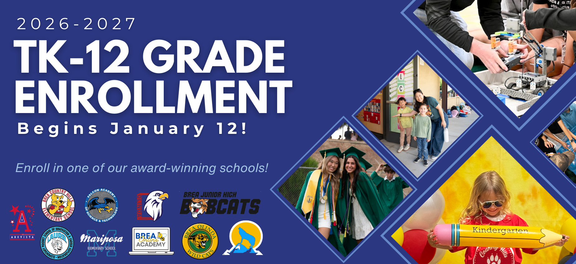 Bold promotional banner for TK-12 grade enrollment with various school-related images.