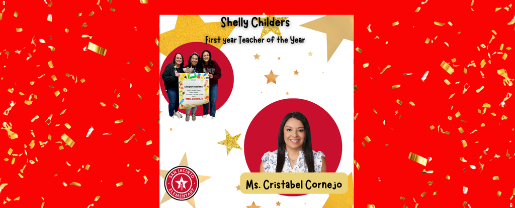 Collage celebrating Shelly Childers as first year Teacher of the Year with confetti background.