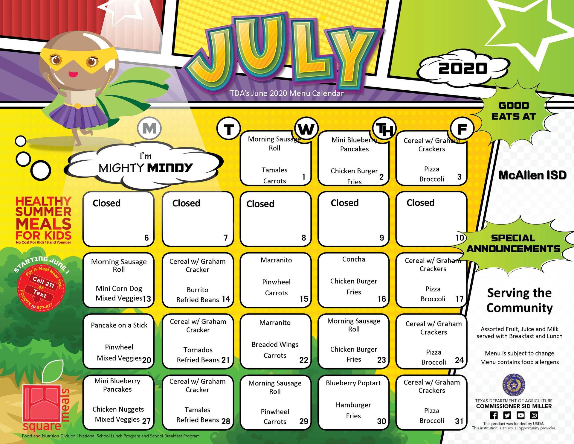 July 2020 Menu