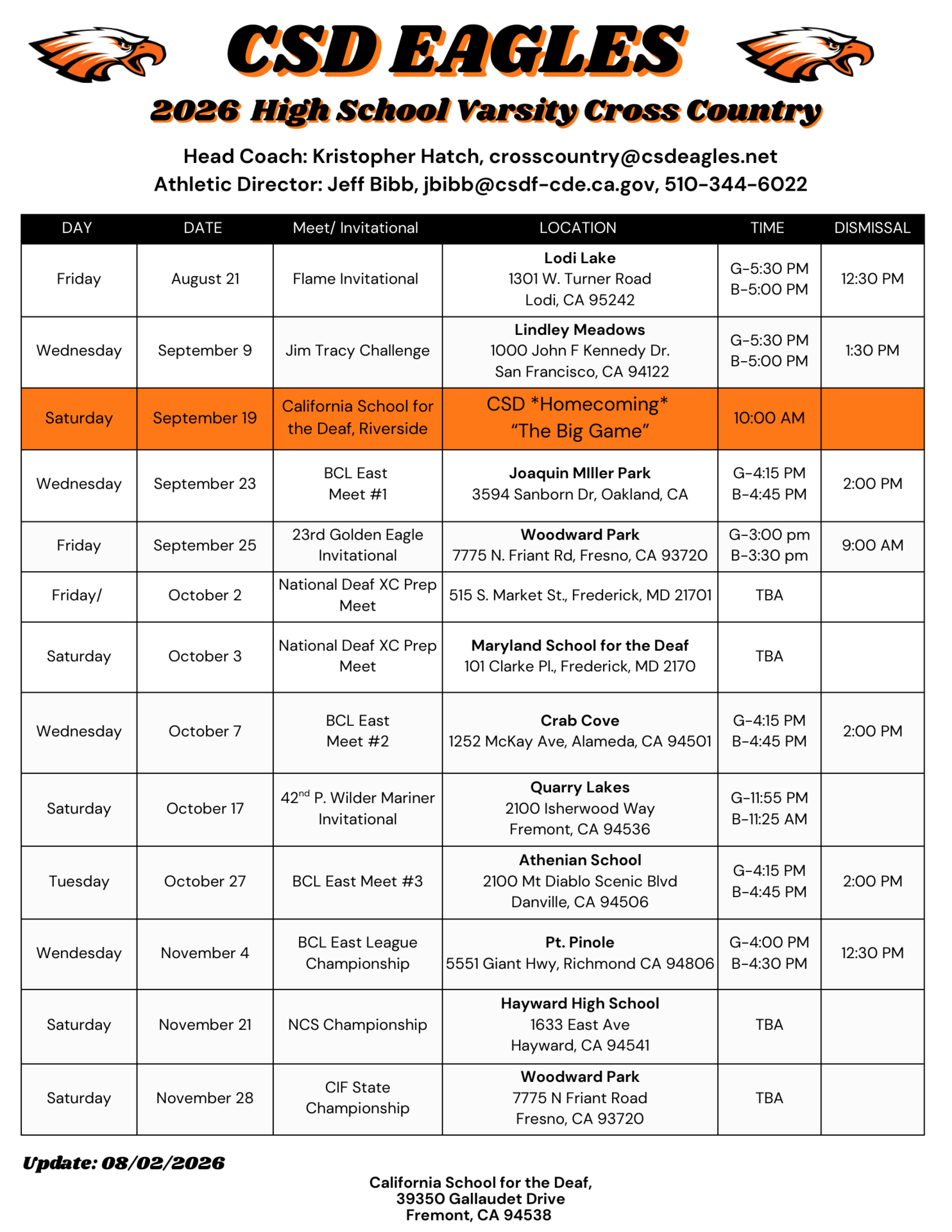 Cross Country Schedule