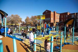 Bradwell students getting the chance to play on the new playground for the first time.