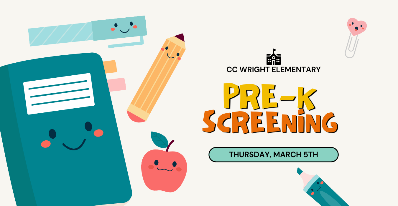 Playful school supplies and apple graphic for pre-K screening announcement.